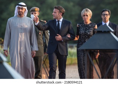 Paris, FRANCE - July 18 2022: The President Emmanuel Macron With His Wife Brigitte Macron Welcoming The President Of The United Arab Emirates Mohamed Bin Zayed Al Nahyan At Versailles Palace.