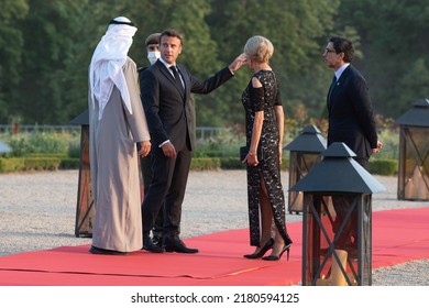 Paris, FRANCE - July 18 2022: The President Emmanuel Macron With His Wife Brigitte Macron Welcoming The President Of The United Arab Emirates Mohamed Bin Zayed Al Nahyan At Versailles Palace.