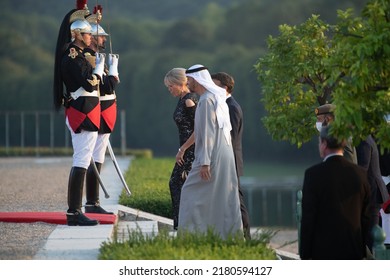 Paris, FRANCE - July 18 2022: The President Emmanuel Macron With His Wife Brigitte Macron Welcoming The President Of The United Arab Emirates Mohamed Bin Zayed Al Nahyan At Versailles Palace.