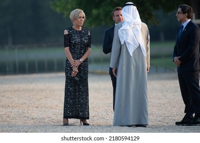 Paris, FRANCE - July 18 2022: The President Emmanuel Macron With His Wife Brigitte Macron Welcoming The President Of The United Arab Emirates Mohamed Bin Zayed Al Nahyan At Versailles Palace.