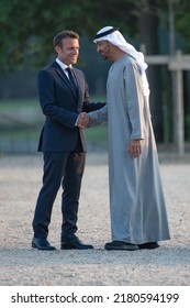 Paris, FRANCE - July 18 2022: The President Emmanuel Macron Welcoming The President Of The United Arab Emirates Mohamed Bin Zayed Al Nahyan At Versailles Palace.