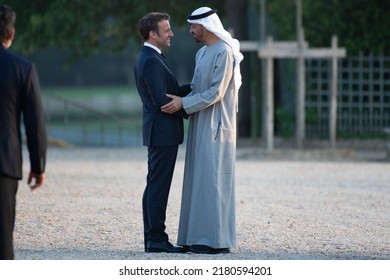 Paris, FRANCE - July 18 2022: The President Emmanuel Macron Welcoming The President Of The United Arab Emirates Mohamed Bin Zayed Al Nahyan At Versailles Palace.