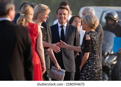 Paris, FRANCE - July 18 2022: The President Emmanuel Macron With His Wife Brigitte Macron Before The Meeting With The President Of The United Arab Emirates At Versailles Palace.