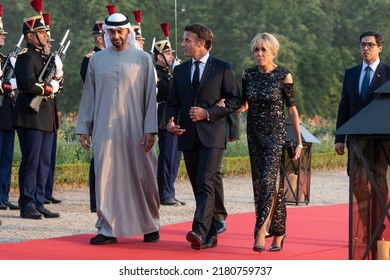 Paris, FRANCE - July 18 2022: The President Emmanuel Macron With His Wife Brigitte Macron Welcoming The President Of The United Arab Emirates Mohamed Bin Zayed Al Nahyan At Versailles Palace.