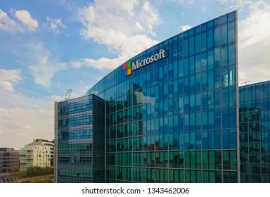 Paris, France - July 19, 2018: Microsoft is an American multinational technology company that develops, manufactures, licenses, supports and sells computer software and personal computers and services