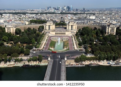 Paris, France - July 19, 2018: Looking Down On Paris, France. The River Is In The Front With Trees, Buildings And Sky Scrapers As Far As The Eye Can See. 