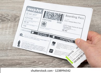 Paris, France. July 2017. Easyjet Boarding Pass On The Hand