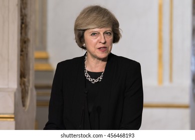 Paris, FRANCE - JULY 21, 2016 : The Prime Minister of United Kingdom Theresa May in Press conference about a work visit at the Elysee Palace.
