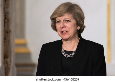 Paris, FRANCE - JULY 21, 2016 : The Prime Minister of United Kingdom Theresa May in Press conference about a work visit at the Elysee Palace.
