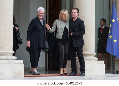 Paris, FRANCE - July 24, 2017 : Bono, the leader of the band group U2 and Co-founder of the organization ONE at Elysee Palace with Gayle Smith to meet the french President and Brigitte Macron.