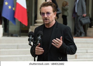 Paris, FRANCE - July 24, 2017 : Bono, the singer and leader of the band group U2 and Co-founder of the organization ONE at Elysee Palace to meet the french President to speak about his organization..
