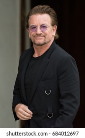 Paris, FRANCE - July 24, 2017 : Bono, the singer and leader of the band group U2 and Co-founder of the organization ONE at Elysee Palace to meet the french President to speak about his organization..
