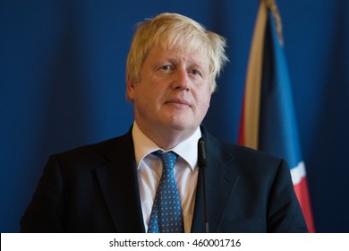 Paris, FRANCE - JULY 28, 2016 : Boris Johnson, Secretary of State for Foreign and Commonwealth Affairs in press conference at french foreign Ministry after a work diner with Jean-Marc Ayrault.