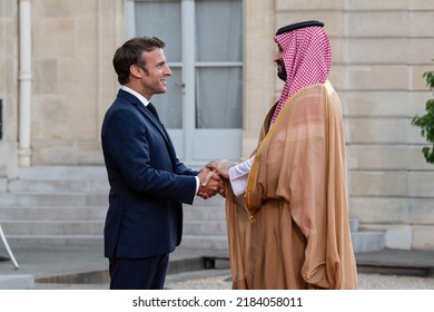 Paris, FRANCE - July 28 2022: The French President Emmanuel Macron Welcoming The President Of The Crown Prince Of Saudi Arabia Mohammed Bin Salman At Elysée Palace For Working Lunch.