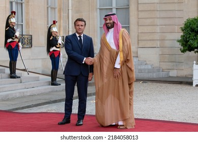 Paris, FRANCE - July 28 2022: The French President Emmanuel Macron Welcoming The President Of The Crown Prince Of Saudi Arabia Mohammed Bin Salman At Elysée Palace For Working Lunch.