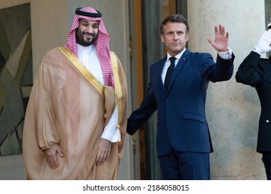 Paris, FRANCE - July 28 2022: The French President Emmanuel Macron Welcoming The President Of The Crown Prince Of Saudi Arabia Mohammed Bin Salman At Elysée Palace For Working Lunch.