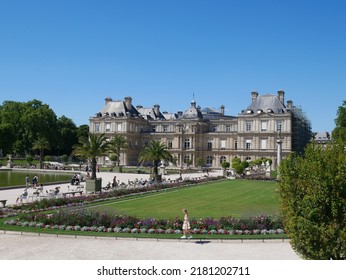 Paris, France - July 4, 2022: view of the Luxembourg Gardens, with the Luxembourg Palace South facade in the background.  