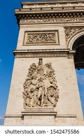 Paris, France - July 7, 2018: La Paix De 1815 Sculpture Group, By Antoine Étex, On The North Facade Of  The Arc De Triomphe De L'Étoile