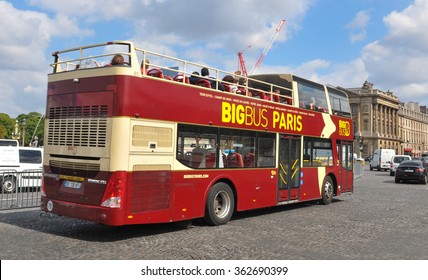 Paris, France - July 8, 2015: Tourists sighseeing Place de la Concorde from Big Bus tourist bus in central Paris, France 