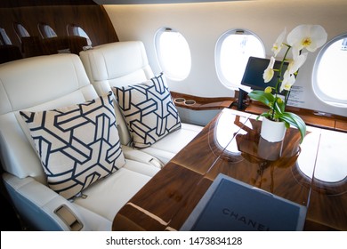 PARIS, FRANCE - JUN 21, 2019: Interior Cabin View Of The Modern Dassault Falcon 2000S Business Jet At The Paris Air Show.