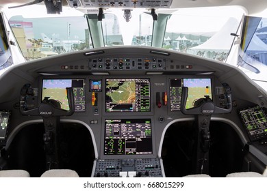 PARIS, FRANCE - JUN 23, 2017: Modern Glass Cockpit Of The Dassault Falcon 2000LX Business Jet At The Paris Air Show 2017
