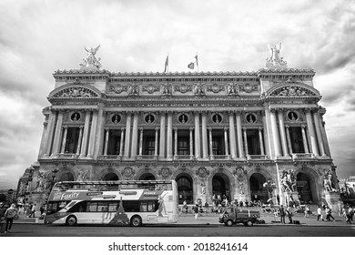 Paris, France - June 02, 2017: Palais Garnier Facade. National Academy Of Music. Opera Ballet Theatre Building. Historic Monument. Architecture And Structure. Architectural Masterpiece. Guided Tour