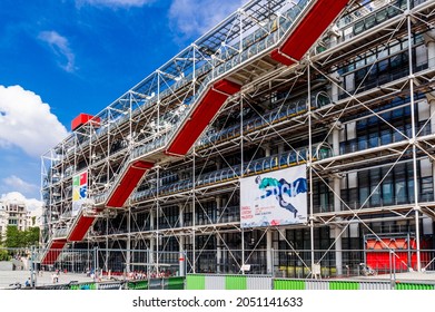 Paris, France - June 04, 2018: The Pompidou Centre in Paris is a complex building in the Beaubourg area. Inside is the public information library and the museum of modern art.