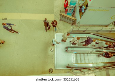 PARIS, FRANCE - JUNE 1, 2015: Passengers In The Electric Escalators In The Gare Du Nord Station In Paris, The Busiest Railway Station Of Europe. Aerial View