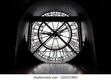 Paris, France - June 1, 2018 : the famous glass clock in the dark room of "Musée d'Orsay" in Paris