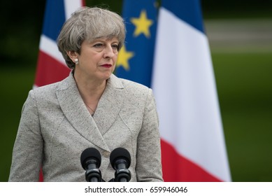 PARIS, FRANCE - JUNE 13, 2017 : The Prime Minister of United Kingdom Theresa May in press conference in the gardens of Elysee Palace about working visit with Emmanuel Macron.