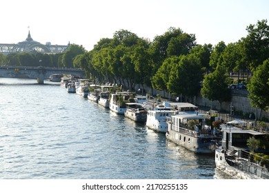 Paris, France - June The 14th 2022: Some Boats On The Right Bank Of The Seine River.