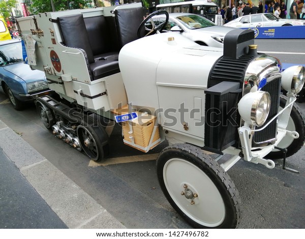paris, france - june 15 2019 : exhibition\
of old Citroen cars for the 100th\
birthday