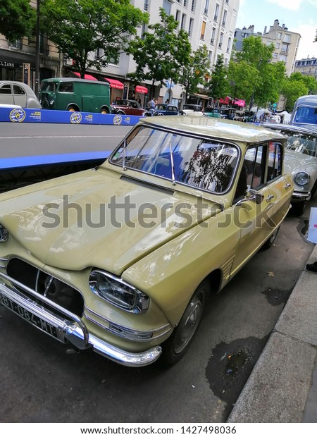 paris, france - june 15 2019 : exhibition\
of old Citroen Ami 6 car for the 100th\
birthday