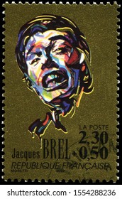 Paris, France - June 16, 1990: Jacques Romain Georges Brel(1929-1978), Belgian singer, songwriter, actor and director. Stamp issued by French post in 1990.
