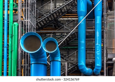 PARIS, FRANCE - JUNE 2, 2015: Communications and Ventilation pipes outside the Centre Georges Pompidou. Centre Georges Pompidou (1977) was designed in style of high-tech architecture.