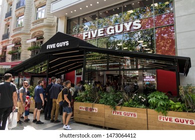 Paris, France, June 20, 2018: Busy Line In Front Of Five Guys Restaurant