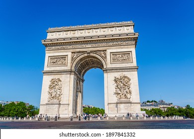 Paris, France - June 2018: The Arc de Triomphe de l'Étoile, Triumphal Arch of the Star, at the western end of the Champs-Élysées at the centre of Place Charles de Gaulle
