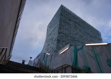 Paris, France - June 2021 -  Low Angle View Taken At The Exit Of Gare D'Austerlitz Railway Station, Featuring The Modern, Blue Glass Tower Of 