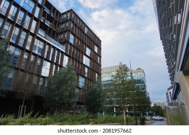 Paris, France - June 2021 - Modern Glass Office Buildings And Company Headquarters Around A Square With Trees And Green Plants, Near Pierre Mendès-France Avenue, In Paris-Rive Gauche Business District