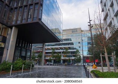 Paris, France - June 2021 - A View On Pierre Mendès-France Avenue, In Paris-Rive Gauche Financial District ; In The Forefront, A Cantilever, Modern, Glass Office Building Overhangs The Square