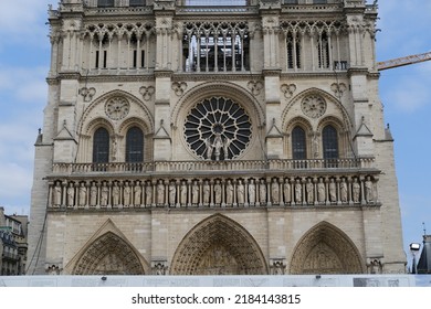 Paris, France - June the 20th, 2022: A view of the facade and the towers of Notre-Dame de Paris during its reconstruction. 