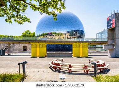 Paris, France - June 22, 2020: General View Of La Geode, A Mirror-finished Geodesic Building, Almost Spherical, Located In The Parc De La Villette, Which Houses A Panoramic Movie Theater.