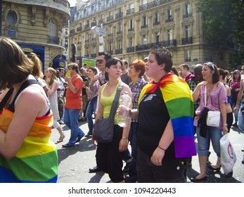 PARIS, FRANCE - JUNE 24, 2017: Gay Couple March At The Gay Pride Parade.