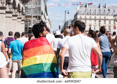 PARIS, FRANCE - JUNE 24, 2017: Gay Couple March At The Gay Pride Parade.
