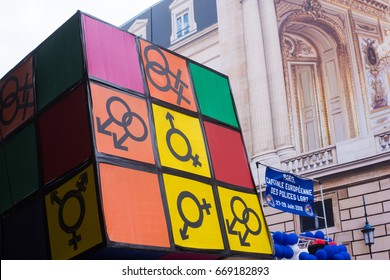 PARIS, FRANCE - JUNE 24, 2017: Gender Identity And Sexual Orientation Symbols On Cube At The Gay Pride Parade.
