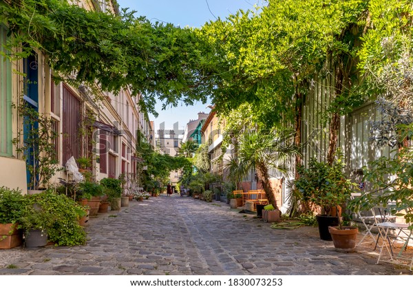 Paris, France\
- June 24, 2020: Cite des figuiers: One of the romantic courtyards\
in the East of Paris, France. These bucolic, unusual and hidden\
spots are delightful gems to\
explore