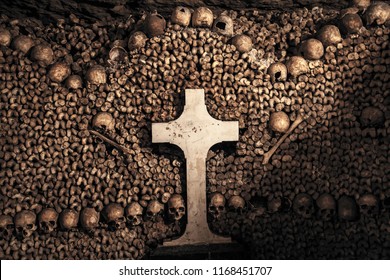 Paris, France - June 25th 2018:catacombs of Paris. Burial of millions of people in underground labyrinths.