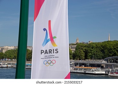 PARIS, FRANCE - June 26, 2017: Banner On Quay With Sign Of Olympic Games 2024