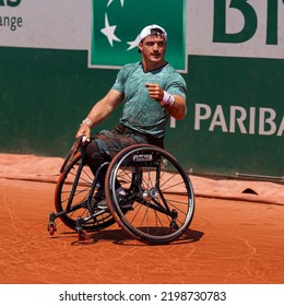 PARIS, FRANCE - JUNE 5, 2022: Argentinian Wheelchair Tennis Player Gustavo Fernandez In Action During His Wheelchair Men's Singles Final Match Against Shingo Kunieda At 2022 Roland Garros In Paris