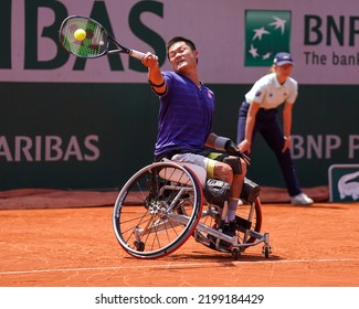 PARIS, FRANCE - JUNE 5, 2022: Wheelchair Tennis Player Shingo Kunieda Of Japan In Action During His Wheelchair Men's Singles Final Match Against Gustavo Fernandez Of Argentina At 2022 Roland Garros